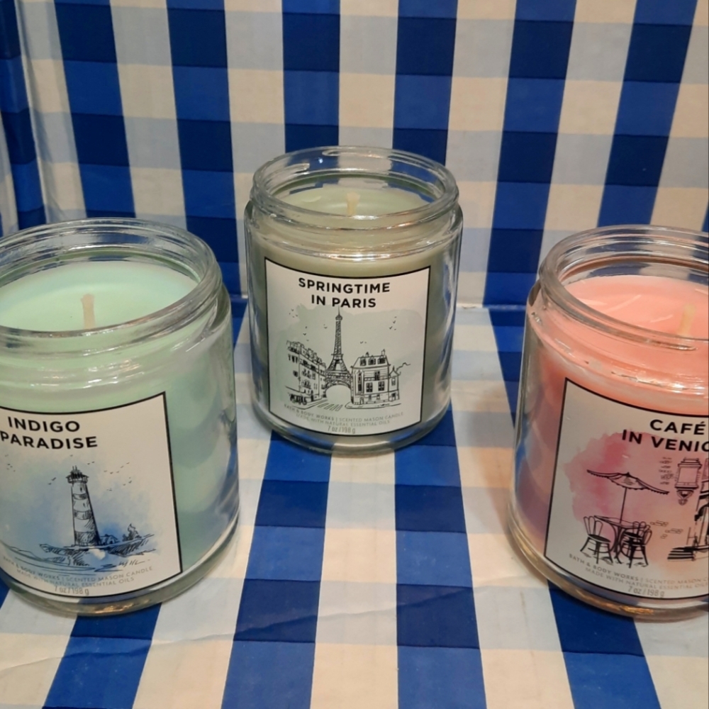 BATH & BODY WORK 3 Single Wick Indigo Paradise,Springtime in Paris,Cafe InVenice